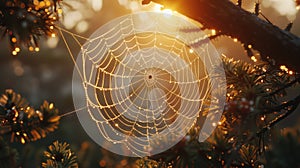 Spider's web at golden hour, glowing with warm light as it spans between two branches, showcasing the natural