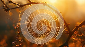 Spider's web at golden hour, glowing with warm light as it spans between two branches, showcasing the natural