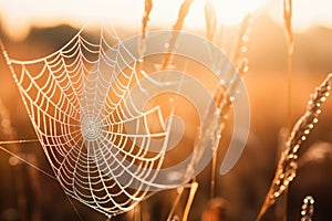 Macro sunlight wet spider background dew morning nature closeup net web spiderweb shine autumn