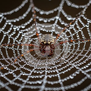 A spider sits on a web covered with dewdrops creating a sparkling effect