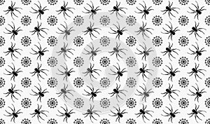 Spider sits on the web vector seamless pattern. Spider and spider`s web on gray background