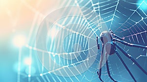 A spider is sitting on a web in front of the blue background, AI