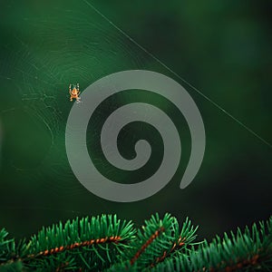 Spider on spider web with green background. Pine tree branch.