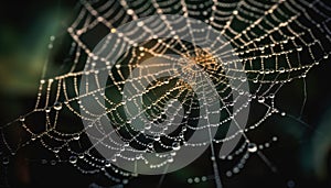 Spider spins intricate web, dew drops glisten in nature beauty generated by AI