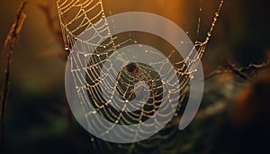 Spider spins web, dew drops glisten in sunlight generated by AI