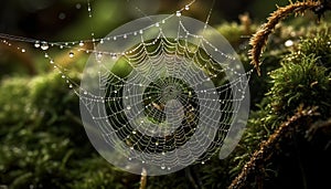 Spider spins wet web, dew drops on green leaf background generated by AI