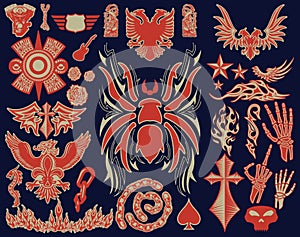 Spider Tarantula and Variety of Tattoo elements tribal design vector set collection