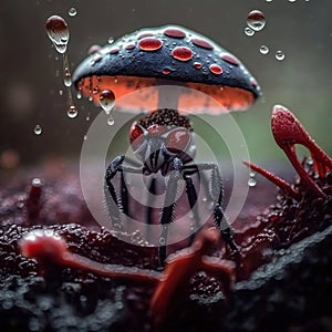 Spider Under Mushroom in the Rain