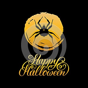 Spider vector illustration with Happy Halloween lettering. All Saints Eve background. Festive card design