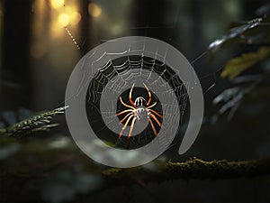 A spider weaving its web in a dimly lit forest at dusk