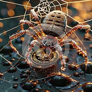 A spider weaving a web around a Bitcoin representing the intricate defenses against cyber threats