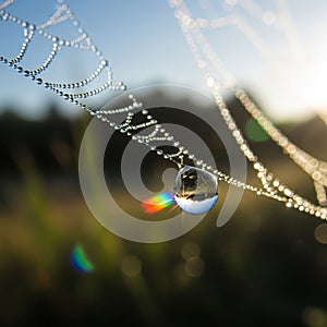 Larger droplet hangs, reflecting the background scene and dispersi