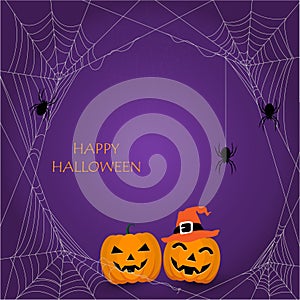 Spider web with a black spider. and pumpkins wear a witch hat. on purple background