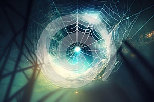 a spider web with a bright light in the middle of the web and a blue light in the middle of the web in the middle of the web