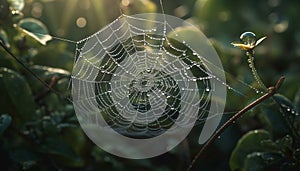 Spider web close up with dew drop on leaf in autumn forest generated by AI