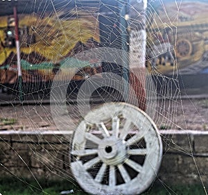 A Spider Web - Cobweb - Tangle Web - with Colorful Background  with a White, Old, Wooden Wheel