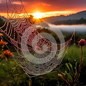 Spider web covered in dew with a colorful sunrise backdrop