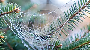 Spider web on pine tree branches with dew drops