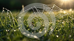 Spider Web Dew Drops in the Morning Sun on Green Grass with Blurry Background
