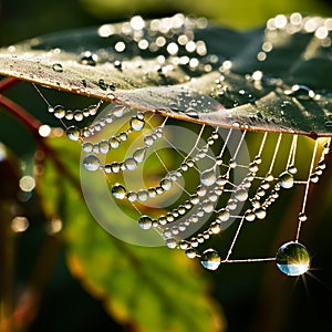 Spider web covered in dew drops, suspended in lush greenery