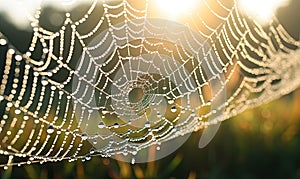 Dew-Covered Spider Web With Sun in Background