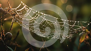 a spider web covered in water droplets on a tree branch in the sun light of the morning, with dew on the leaves and the dew on