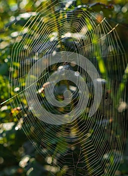 Spider web in the dark forest, the morning dew.Morning dew on a spider web.The kingdom of the spiders in a dark forest