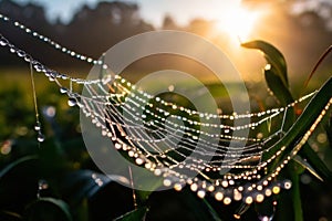 spider web in the dew on background of a green grass.
