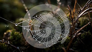 Spider web dew drop close up wet forest autumn leaf macro generated by AI