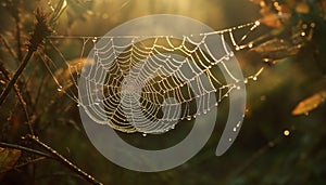 Spider web dew drop outdoors macro background autumn wet leaf generated by AI