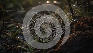 Spider web dew drop on wet leaf in forest outdoors generated by AI