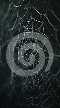Spider web with dew drops on a dark background