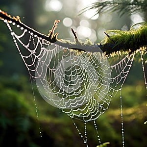 Spider web with dew drops in the morning light, AI