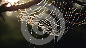 A spider web with dew drops on it in the sun, AI