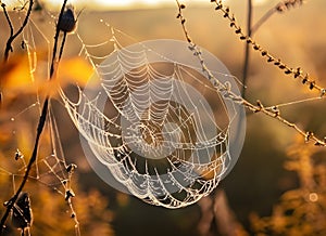 Spider web with dew drops at sunrise in autumn, close up