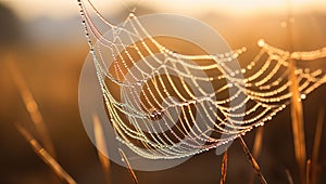 Spider web with dew drops at sunrise. Beautiful natural background