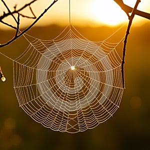 spider web with dew drops on sunset background, close up