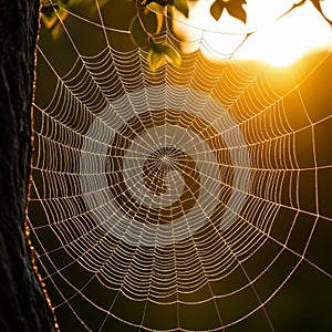 spider web with dew drops on sunset background, close up