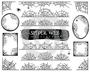 Spider web dividers. Halloween spiderwebs with spiders, cobweb frame and corners. Gossamer borders for banner vector set photo
