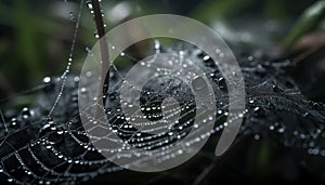 Spider web glistens with dew drop on green leaf outdoors generated by AI