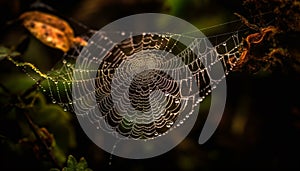 Spider web glistens with dew drop on leaf in autumn forest generated by AI