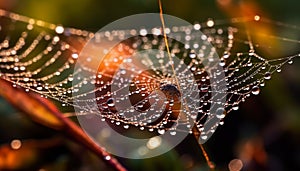 Spider web glistens with dew drops in autumn forest meadow generated by AI