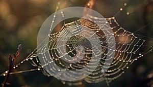 Spider web glistens with dew drops in autumn forest meadow generated by AI