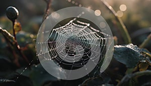 Spider web glistens with dew drops in autumn generated by AI