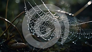 Spider web glistens with dew drops in autumn generated by AI