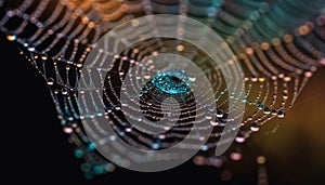 Spider web glistens with dew drops in close up macro shot generated by AI