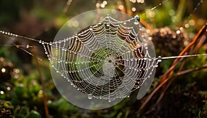 Spider web glistens with dew drops in close up macro shot generated by AI