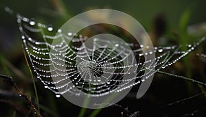 Spider web glistens with dew drops in the fresh grass generated by AI