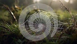 Spider web glistens with dew drops outdoors generated by AI