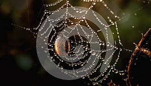 Spider web glistens with dew drops outdoors generated by AI